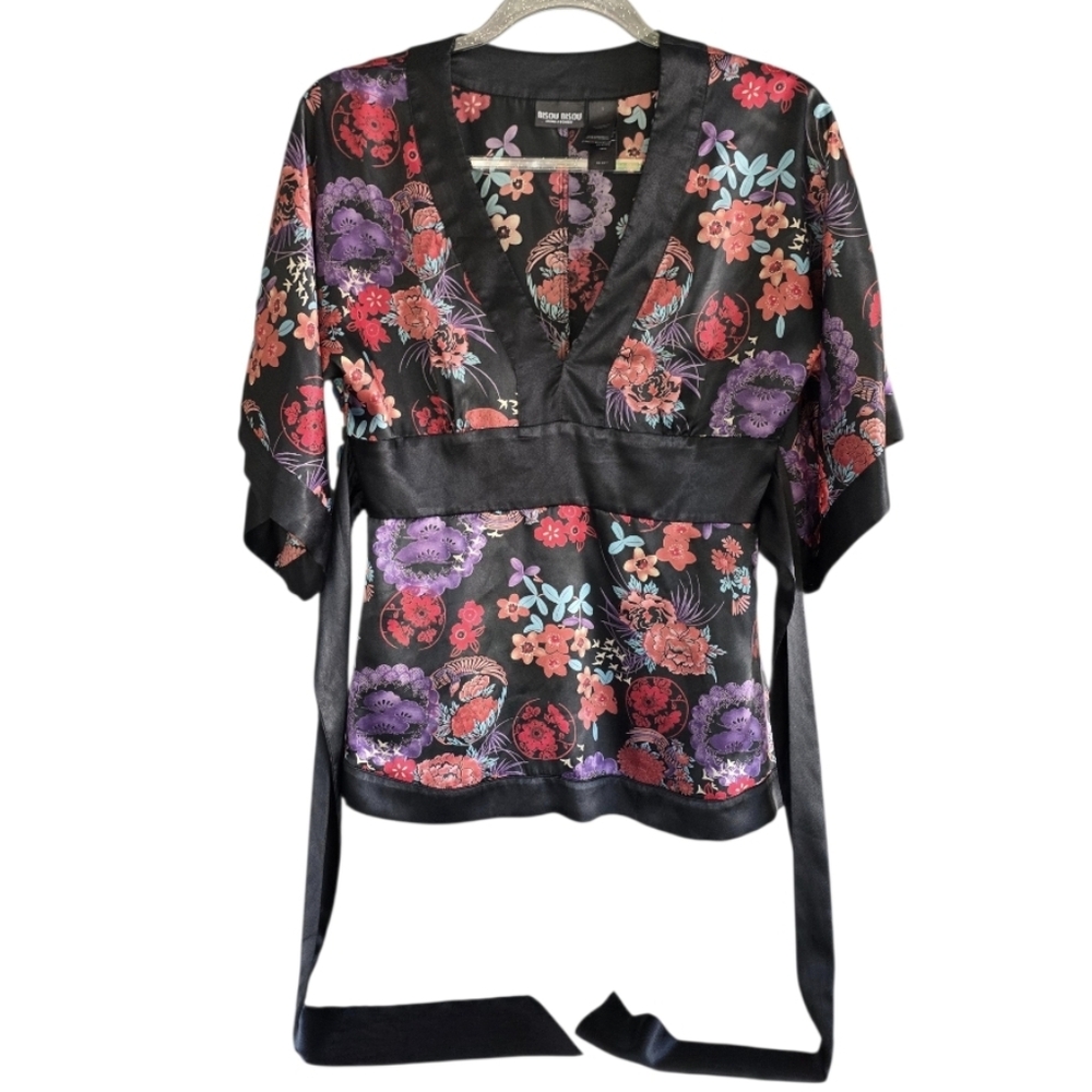 Vintage Y2K Grail Bisou Bisou 6 Black Floral Kimono Blouse Attached Tie Belt